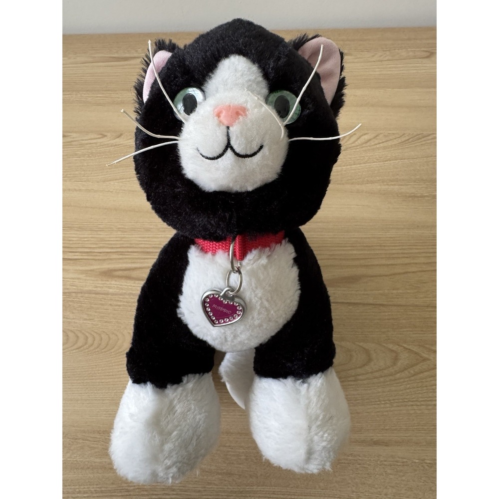 Build-A-Bear Tuxedo Cat Plush Black White Kitty Green Eyes Heart